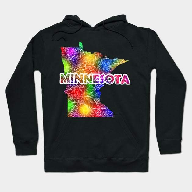 Colorful mandala art map of Minnesota with text in multicolor pattern Hoodie by Happy Citizen